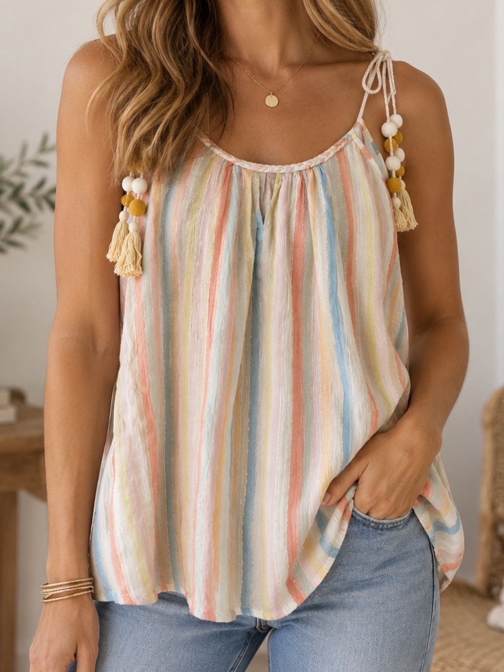 Mes Demoiselles Paris Rosita Blouse Tank Top Pastel Stripes Size 40 / US Large